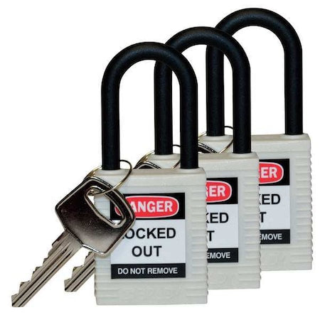 Brady 123341 - Lockout Padlock, Keyed Alike, Nylon, White, 1 1/2 in Shackle Height, 1 1/2 in Body Width, 3 PK