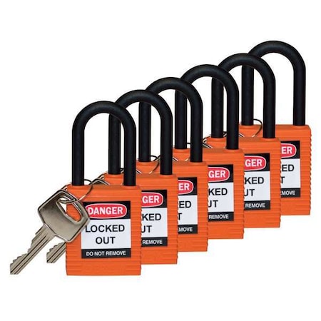 Brady 123346 - Lockout Padlock, Keyed Alike, Nylon, Orange, 1 1/2 in Shackle Height, 1 1/2 in Body Width, 6 PK