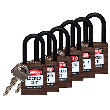 Brady 123348 - Lockout Padlock, Keyed Alike, Nylon, Brown, 1 1/2 in Shackle Height, 1 1/2 in Body Width, 6 PK