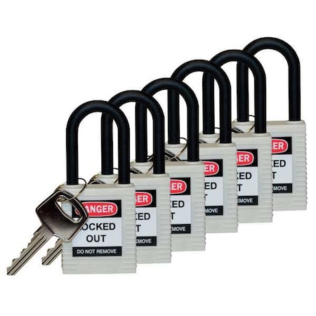 Brady 123350 - Lockout Padlock, Keyed Alike, Nylon, White, 1 1/2 in Shackle Height, 1 1/2 in Body Width, 6 PK