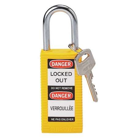 Brady 123408 - Lockout Padlock, Keyed Different, Nylon, Yellow, 1 1/2 in Shackle Height, 1 1/2 in Body Width