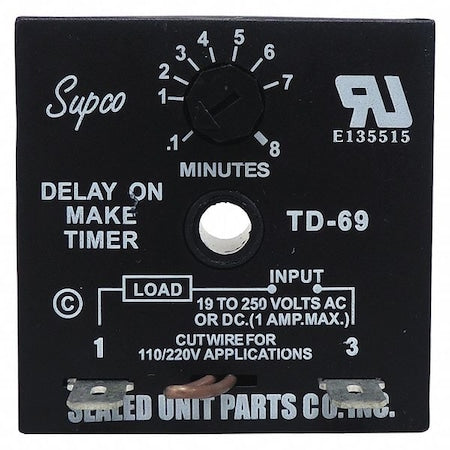 Supco TD69 - Single Function Encapsulated Timing Relay, Square, On Delay, 1 Functions 250 V AC, SPST-NO