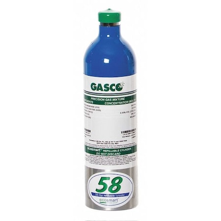 Gasco X05NI79CA580006 - Calibration Gas, Carbon Monoxide/Hydrogen Sulfide/Methane/Oxygen/Nitrogen, 58 L, C-10 Connection