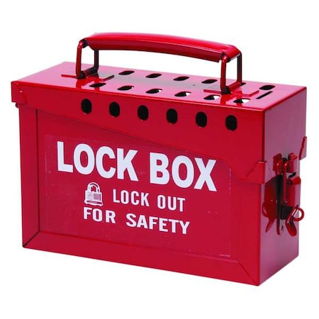 Condor 7820 - Lockout Tagout Portable Group Lock Box, Steel, Hinged, 13 Padlocks, 6 in x 9 in x 3.5 in, Red