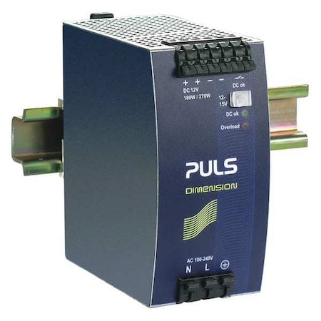 Puls QS10.121 - DC Power Supply, 100/240 V AC, 12/15 V DC, 180 W, 15 A, DIN Rail