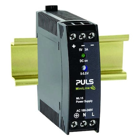 Puls ML15.051 - DC Power Supply, 100/240 V AC, 5/5.5 V DC, 15 W, 3 A, DIN Rail