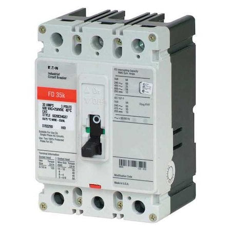 Eaton FD3080 - Molded Case Circuit Breaker, FD Series, 80 A, 3 Pole, 600 V AC, 65k A at 240/277 V AC