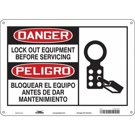 Condor 469L90 - Safety Sign, 10 in Height, 14 in Width, Polyethylene, Horizontal Rectangle, English, Spanish, 469 L90