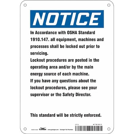 Condor 478V01 - Safety Sign, 10 in Height, 7 in Width, Aluminum, Horizontal Rectangle, English, 478 V01