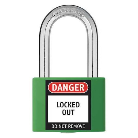 48JR41 - Lockout Padlock, Keyed Alike, Aluminum, Green, 1 7/16 in Shackle Height, 1 5/16 in Body Width