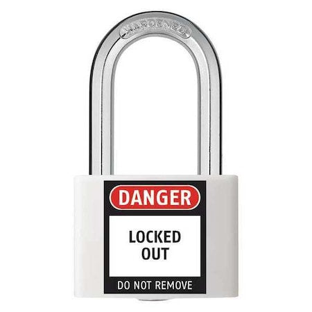 48JR48 - Lockout Padlock, Keyed Alike, Aluminum, White, 1 7/16 in Shackle Height, 1 5/16 in Body Width, 6 PK