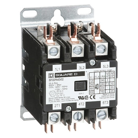 Square D 8910DPA43V14Y244 - Definite Purpose Magnetic Contactor, 600 V AC, 3 P, 3 Phase, Box Lug