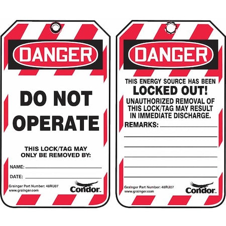 Condor 48RU07 - Lockout Tag, Danger, Plastic, 3 1/4 in Width, 5 3/4 in Height, Write On Surface: Yes ,10 PK