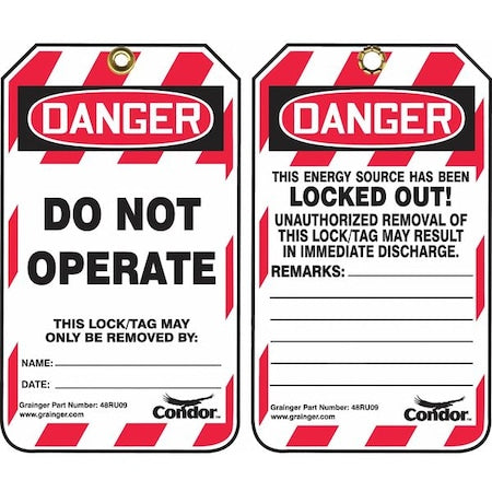 Condor 48RU09 - Lockout Tag, Danger, Plastic, 3 1/4 in Width, 5 3/4 in Height, Write On Surface: Yes ,100 PK