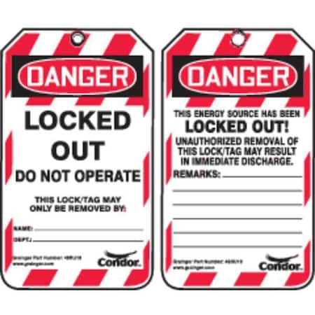 Condor 48RU18 - Lockout Tag, Danger, Plastic, 3 1/4 in Width, 5 3/4 in Height, Write On Surface: Yes ,100 PK