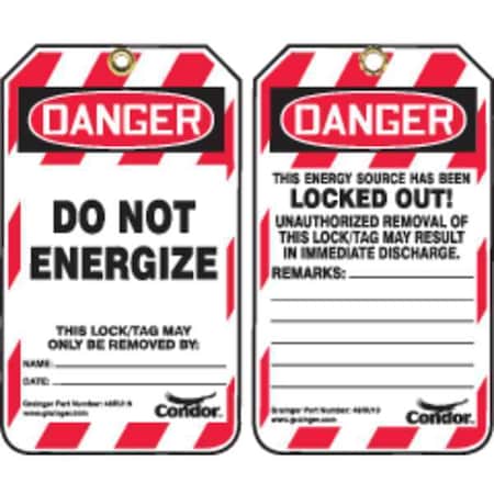 Condor 48RU19 - Lockout Tag, Danger, Plastic, 3 1/4 in Width, 5 3/4 in Height, Write On Surface: Yes ,10 PK