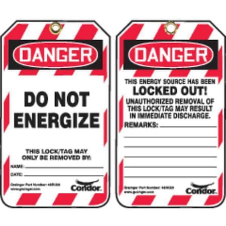 Condor 48RU20 - Lockout Tag, Danger, Do Not Energize, Plastic, 3.25 in W x 5.75 in H, Red/White, PK25