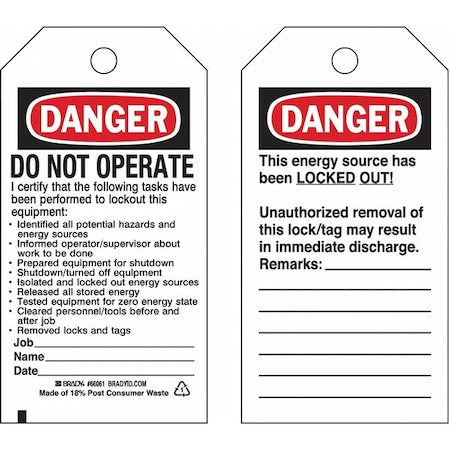 Brady 133491 - Lockout Tag, Danger, Paper, 3 in Width, 5 3/4 in Height, Write On Surface: Yes ,25 PK