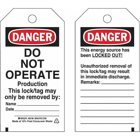 Brady 133555 - Lockout Tag, Danger, Paper, 3 in Width, 5 3/4 in Height, Write On Surface: Yes