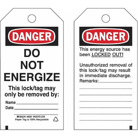 Brady 133561 - Lockout Tag, Danger, Polyester, 3 in Width, 5 3/4 in Height, Write On Surface: Yes