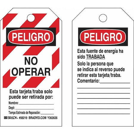Brady 98219 - Lockout Tag, Danger/Peligro, Polyester, 3 in Width, 5 3/4 in Height, Write On Surface: Yes ,25 PK