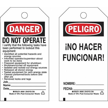 Brady 133490 - Lockout Tag, Danger/Peligro, Polyester, 3 in Width, 5 3/4 in Height, Write On Surface: Yes ,25 PK