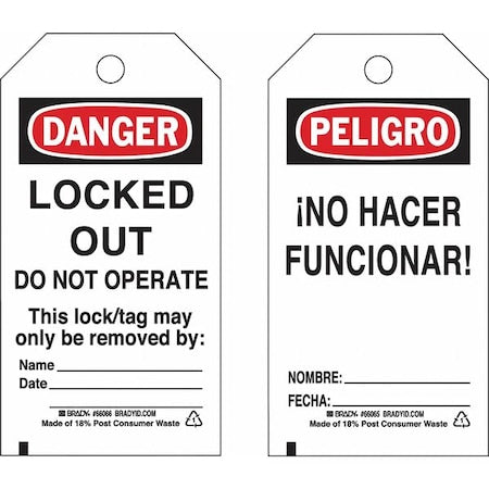 Brady 133495 - Lockout Tag, Danger/Peligro, Paper, 3 in Width, 5 3/4 in Height, Write On Surface: Yes ,25 PK