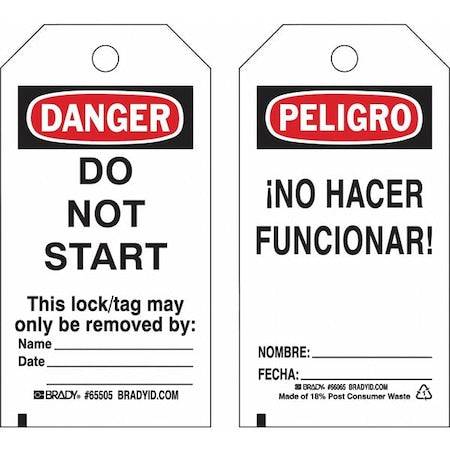 Brady 133544 - Lockout Tag, Danger/Peligro, Paper, 3 in Width, 5 3/4 in Height, Write On Surface: Yes
