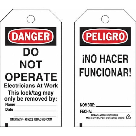 Brady 133548 - Lockout Tag, Danger/Peligro, Polyester, 3 in Width, 5 3/4 in Height, Write On Surface: Yes
