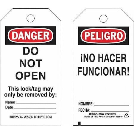Brady 133560 - Lockout Tag, Danger/Peligro, Paper, 3 in Width, 5 3/4 in Height, Write On Surface: Yes