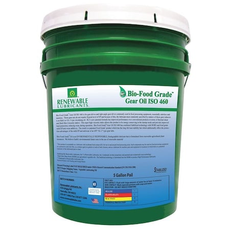 Renewable Lubricants 87274 - 5 gal. Bio-Food Grade Gear Oil Pail, 460 ISO Viscosity, Light Amber