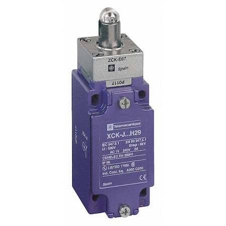 Telemecanique Sensors XCKJ167H7 - Heavy Duty Limit Switch, Plunger, Roller, 1 NC/1 NO, 10 A at 240 V AC, Actuator Location: Top