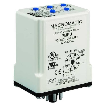 Macromatic PMPU - Phase Monitor Relay, 8 Pin Octal, 3 Phase, SPDT, 190-250 V Low Voltage, 380-500 V High Voltage