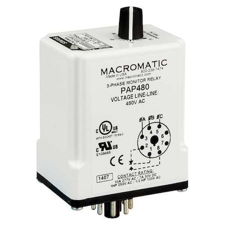 Macromatic PAP208 - 3 Phase Monitor Relay,SPDT,208 VAC,8 Pin