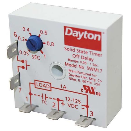 Dayton 5WML7 - Single Function Encapsulated Timing Relay, Square, Off Delay, 1 Functions 125 V DC, SPST-NO