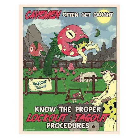 Mancomm 31P-619-01 - Safety Poster, Caveman Lockout/Tagout, Paper, 16 in W, 12 in H