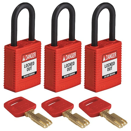 Brady NYL-RED-38PL-KA3PK - Lockout Padlock, Keyed Alike, Nylon, Red, 1 1/2 in Shackle Height, 1 1/2 in Body Width, 3 PK