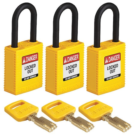 Brady NYL-YLW-38PL-KA3PK - Lockout Padlock, Keyed Alike, Nylon, Yellow, 1 1/2 in Shackle Height, 1 1/2 in Body Width, 3 PK