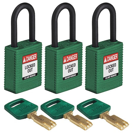 Brady NYL-GRN-38PL-KA3PK - Lockout Padlock, Keyed Alike, Nylon, Green, 1 1/2 in Shackle Height, 1 1/2 in Body Width, 3 PK