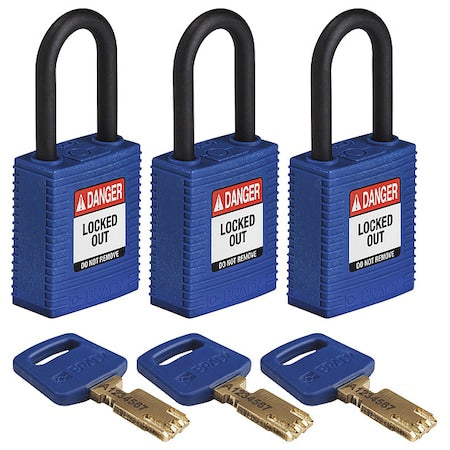 Brady NYL-BLU-38PL-KA3PK - Lockout Padlock, Keyed Alike, Nylon, Blue, 1 1/2 in Shackle Height, 1 1/2 in Body Width, 3 PK