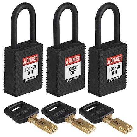 Brady NYL-BLK-38PL-KA3PK - Lockout Padlock, Keyed Alike, Nylon, Black, 1 1/2 in Shackle Height, 1 1/2 in Body Width, 3 PK