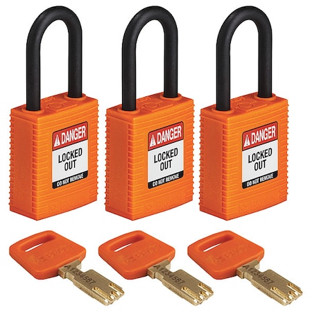 Brady NYL-ORG-38PL-KA3PK - Lockout Padlock, Keyed Alike, Nylon, Orange, 1 1/2 in Shackle Height, 1 1/2 in Body Width, 3 PK