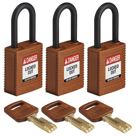 Brady NYL-BRN-38PL-KA3PK - Lockout Padlock, Keyed Alike, Nylon, Brown, 1 1/2 in Shackle Height, 1 1/2 in Body Width, 3 PK