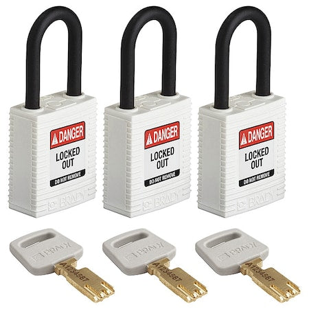 Brady NYL-WHT-38PL-KA3PK - Lockout Padlock, Keyed Alike, Nylon, White, 1 1/2 in Shackle Height, 1 1/2 in Body Width, 3 PK