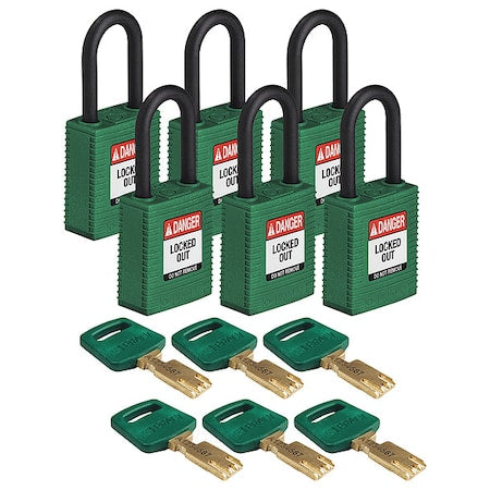 Brady NYL-GRN-38PL-KA6PK - Lockout Padlock, Keyed Alike, Nylon, Green, 1 1/2 in Shackle Height, 1 1/2 in Body Width, 6 PK