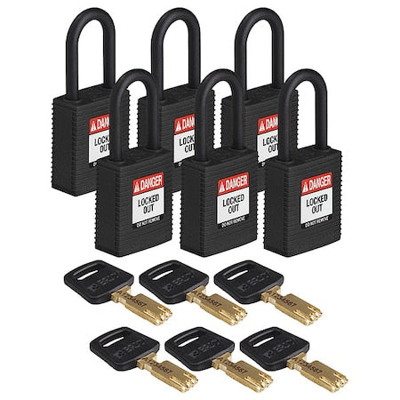 Brady NYL-BLK-38PL-KA6PK - Lockout Padlock, Keyed Alike, Nylon, Black, 1 1/2 in Shackle Height, 1 1/2 in Body Width, 6 PK