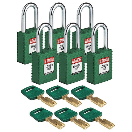 Brady NYL-GRN-38ST-KA6PK - Lockout Padlock, Keyed Alike, Nylon, Green, 1 1/2 in Shackle Height, 1 1/2 in Body Width, 6 PK
