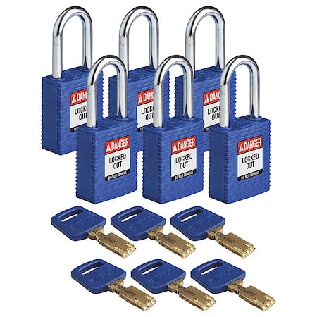 Brady NYL-BLU-38ST-KD6PK - Lockout Padlock, Keyed Different, Nylon, Blue, 1 1/2 in Shackle Height, 1 1/2 in Body Width, 6 PK
