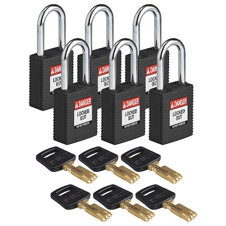 Brady NYL-BLK-38ST-KD6PK - Lockout Padlock, Keyed Different, Nylon, Black, 1 1/2 in Shackle Height, 1 1/2 in Body Width, 6 PK