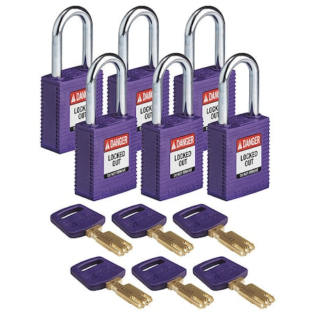 Brady NYL-PRP-38ST-KA6PK - Lockout Padlock, Keyed Alike, Nylon, Purple, 1 1/2 in Shackle Height, 1 1/2 in Body Width, 6 PK